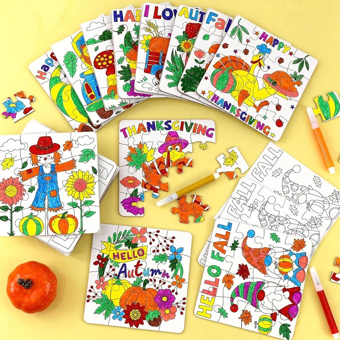 24Pcs Fall Thanksgiving Crafts for Kids Autumn DIY Coloring Puzzle Art Kit | Large Pumpkin Turkey Jigsaw, Friendsgiving Gift Party Favors, Classroom Activity, Art Game Toy, Craft Paper Bulk Supplies