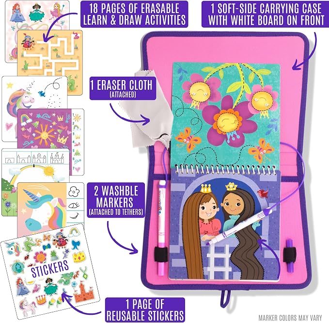 Totebook Kids Travel Activity Kit with Tethered Dry Erase Markers - Mess Free Car & Plane Activities for Toddlers Ages 4-6, Reusable Stickers, Mazes, Search and Find (Princess Theme)