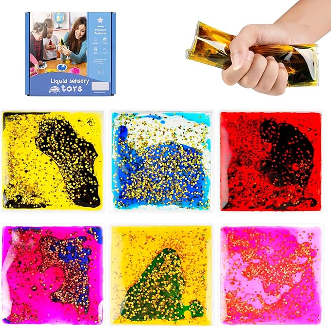 Onyoloy Sensory Soft Gel Liquid Toys: Water Sensory Fidget Toys Square Sensory Toys for Autistic Children 6-Pack | for Autism Kids, Stress Relief & Focus, Home School Therapy Travel Toys (6 Pack)