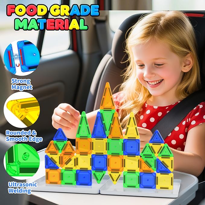 Mini Magnetic Tiles Travel Set with Case 42pcs, Mini Magnetic Blocks | Bonus Sudoku Play, Number & Animal Stickers, Portable Travel Toys for Kid, STEM Educational Sensory Toys, Classroom Must Have