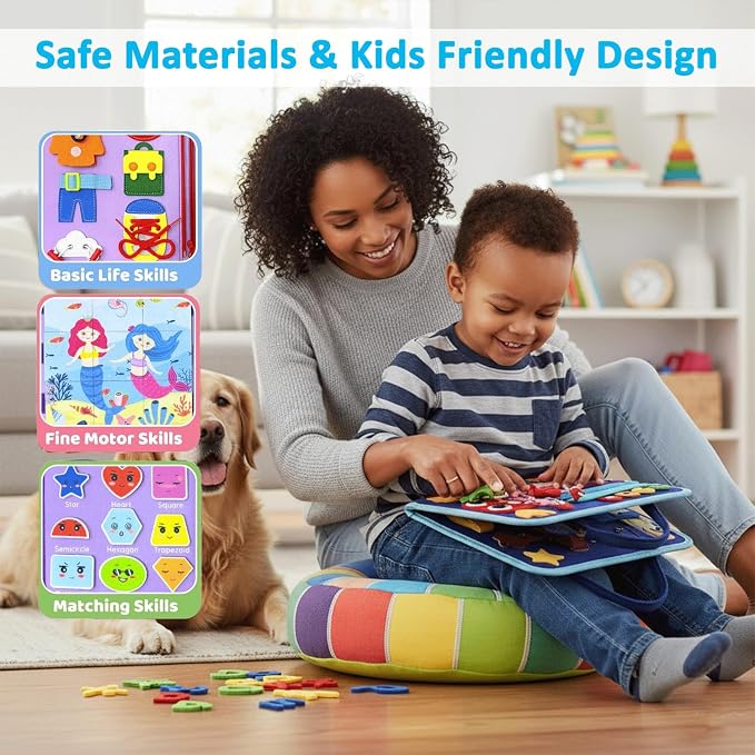 Montessori Busy Book for Toddlers, Educational Sensory Learning Toy for Boys & Girls, Interactive Preschool Activity Quiet Book, Travel Toy for Airplane & Car (Blue)