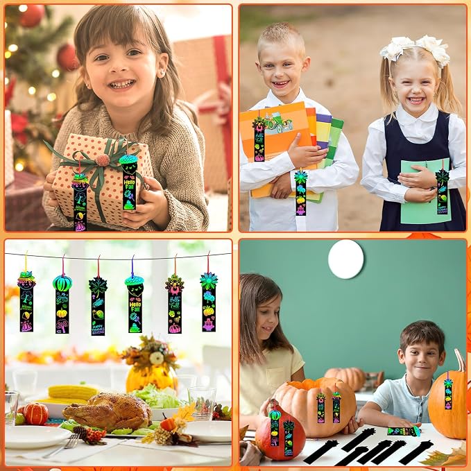 JUNEBRUSHS 30Pcs Fall Scratch Bookmarks, Rainbow Scratch Paper Art | Hello Fall Autumn Leaves, Pumpkin Turkey DIY Crafts Kit, for School Classroom Activity, Thanksgiving Party Favor