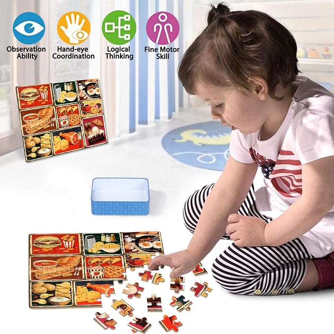 LELEMON Puzzles for Kids Ages 4-6,Food 60 Piece Puzzles for Kids Ages 6-8 in a Metal Box,Children Jigsaw Puzzles Kids Puzzles,Educational Learning Puzzle Toys for Girls and Boys