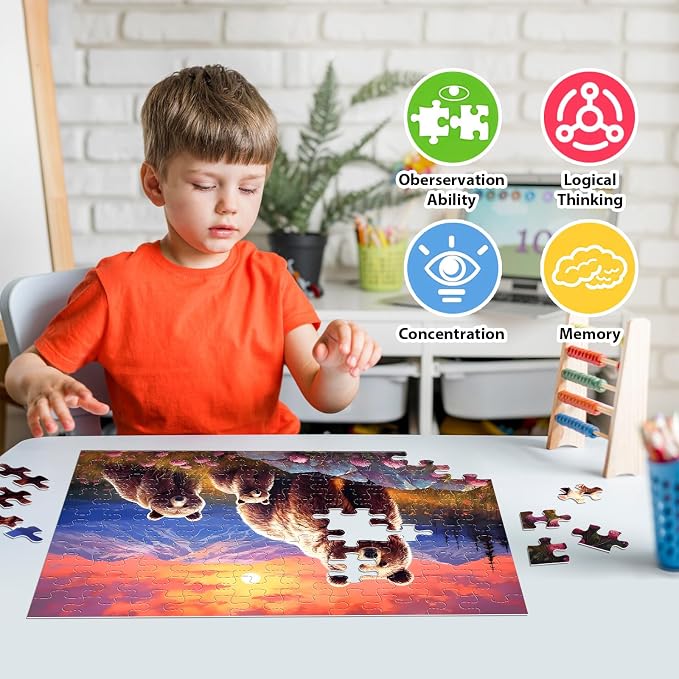 Jeacirio 4 Pack 100 Piece Puzzles for Kids Ages 4-6, 6-8, 8-10, Cute Animal Jigsaw Set with Rabbits, Kittens, Bears & Puppy Friends, Large Piece Gift Set with Posters and Storage Bags