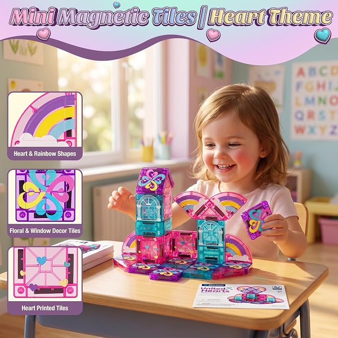 42PCS Mini Magnetic Tiles Toddler Travel Toys for Girls 3-5 Year Old Gifts | Heart & Rainbow Theme, Portable Metal Case, Kids Travel Essentials for Airplane, Car & Road Trip, STEM Preschool Learning Toy