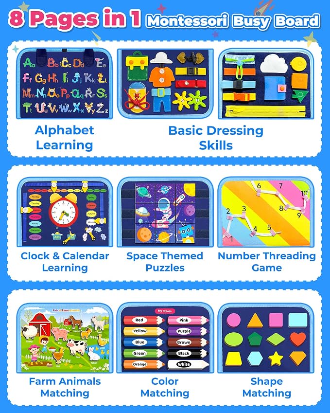 Busy Board Montessori Toys for Toddler Boy Girl Gifts Busy Book | Sensory Toys, Airplane Car Travel Toy, Learning Educational Toys, Activity Book, Toddler Activities, Fine Motor Skills