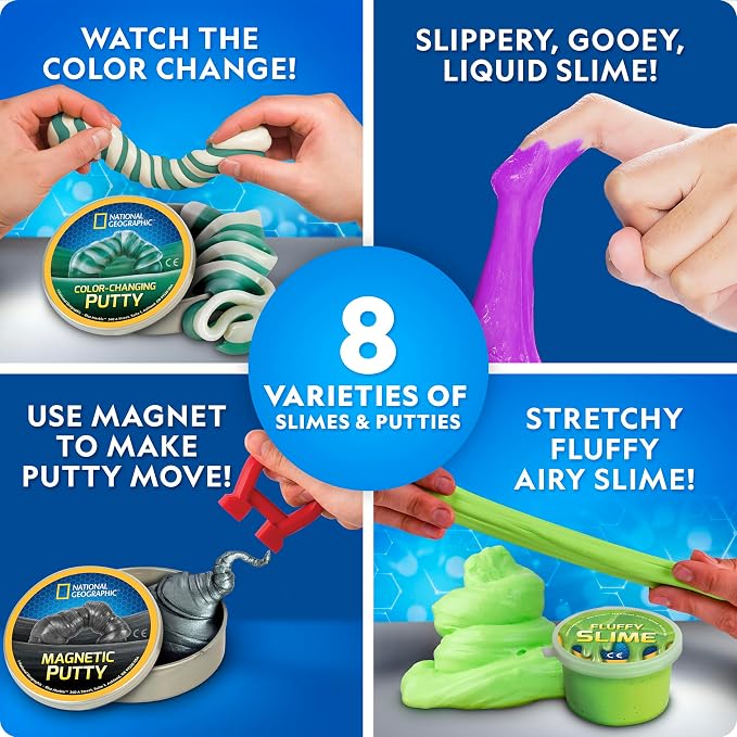 NATIONAL GEOGRAPHIC Mega Slime Kit & Putty Lab - 4 Types of Slime Plus 4 Types of Putty Including Magnetic, Slime Kit for Boys and Girls, Sensory Toy & Science Kit | 4 Slimes and 4 Putties, Magnetic and Glow-in-the-Dark Varieties, Science Toy for Kids,...