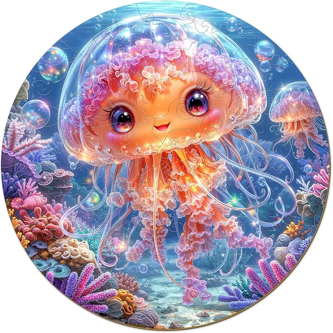 Ocean Wooden Puzzles for Kids - Cute Jellyfish | 50 Piece Puzzles for Kids Ages 6-8, Kids Puzzles with Unique Animal Shapes, Round Gift for Girls and Boys (11.4 * 11.4 in)