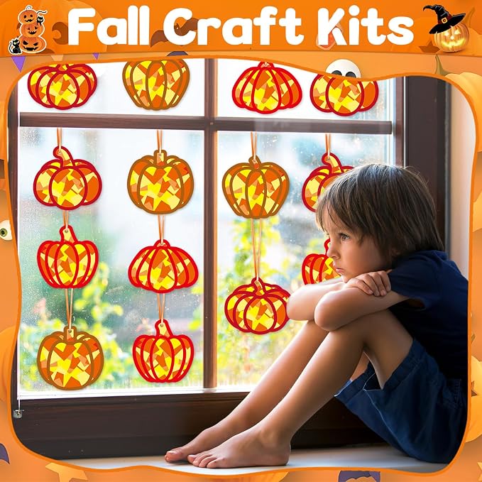 Qyeahkj 36 Set Fall Pumpkin Suncatchers Crafts for DIY Autumn Window Tissue Paper Crafts Kit Thanksgiving Pumpkin Hanging Decor for Fall Home Activity Art Project Birthday Party Favor Gift