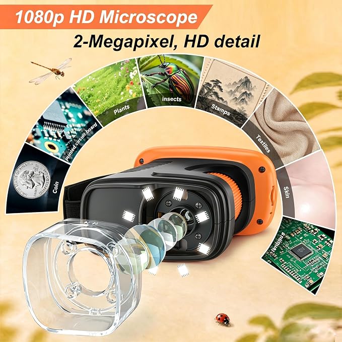 Kids Microscope,1000X HD Digital Handheld Mini Microscope 2.4" IPS Screen | Microscope for Kids, Mini Pocket Microscope for Children Birthday Gift, Science Education Fun for Boys Girls Ages 4-12 Black
