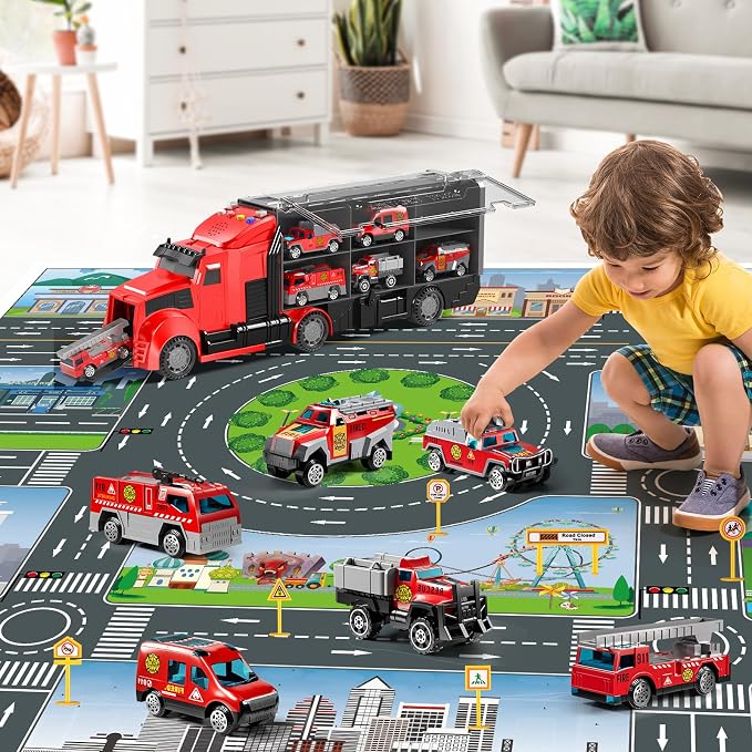 NIPLOOOW Fire Trucks Toy Set with Play Mat, Carrier Truck Play Vehicles Set for 3 4 5 6 Years Old Boys Kids, Die-Cast Car Toy for Toddlers 3-4 Years, Birthday Gifts Toys for 3-9 Year Old Boys