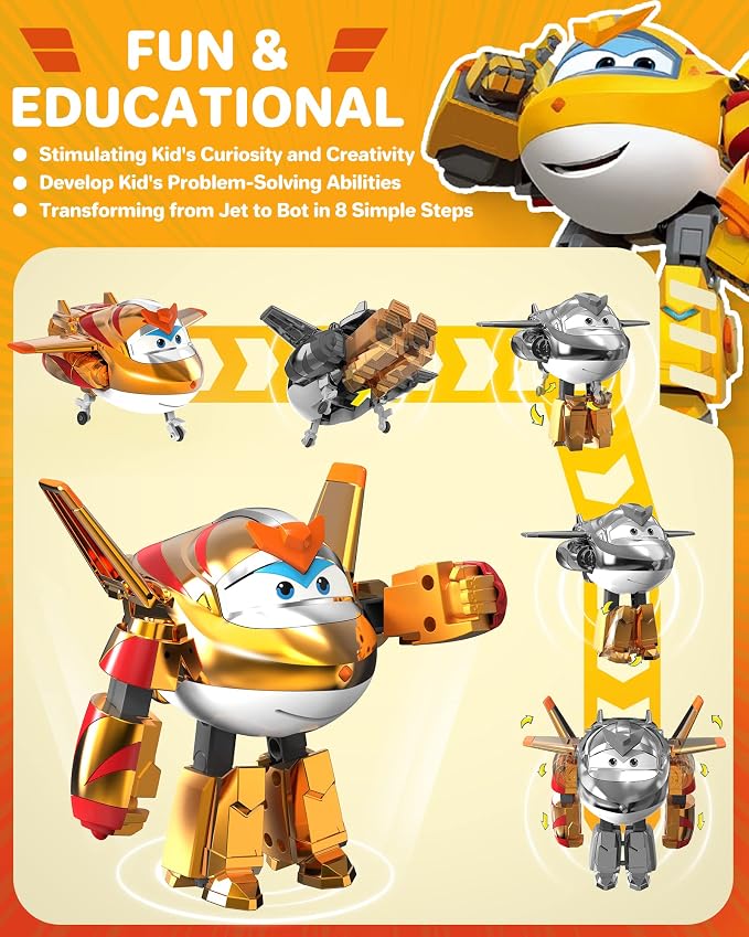 Super Wings 5" Transforming Golden Boy, Airplane Toys Vehicle Action Figure, Transforming Plane to Robot, Birthday Gifts for 3 4 5 Year Old Boys Girls Preschool Kids, Gold