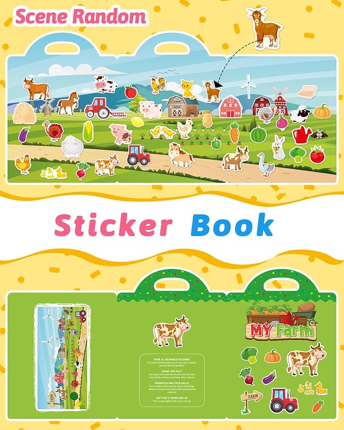 Benresive Reusable Sticker Book for Toddlers, Stickers for Kids, Travel Toy | Toddler Toys, Boys Girls Birthday Gifts, Airplane & Road Trip Essentials Kids, No Mess Waterproof Toddler Crafts Activities