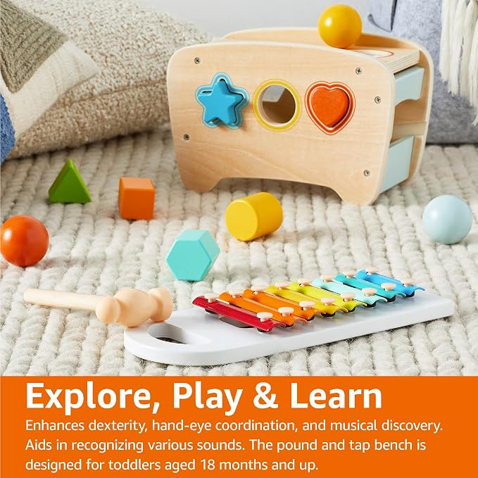 Amazon Basics Musical Pounding Bench With Xylophone and Shape Sorter Educational Toy for Toddlers, Developmental Learning Toy, Age 18M+, Boy Girl Baby, 11.6 x 5.2 x 6.3 inches, Multicolor