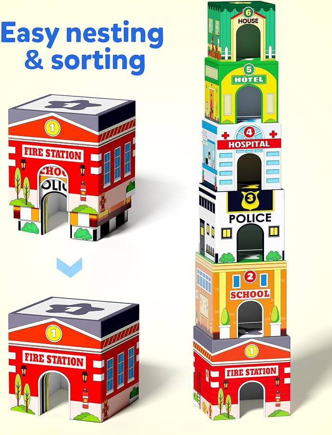 Coogam Montessori Sorting & Stacking Blocks with Nesting Garages Cars | Stackable Number Boxes for Toddlers Learning Community Helpers, Preschool Educational Toy Gift for 2 3 4 Year Old Baby