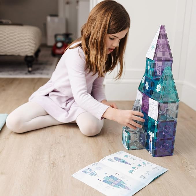 Tytan Toys Disney Frozen Magnetic Tiles Princess Castle - 68-Piece STEAM Building Set with Glitter Tiles & Elsa, Anna, Olaf Stickers - Educational Frozen Toys for Girls Age 3-4+