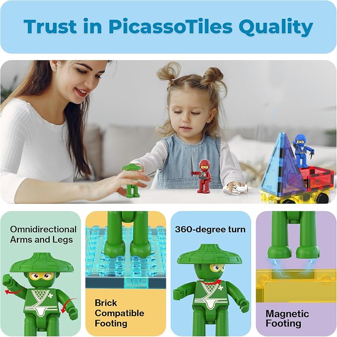 PicassoTiles Ninja Action Characters for Magnetic Tiles Building Block Toy Sets Accessory Add On Kit for Magnet Tile Playsets for Toddlers Boys Girls Ages 3+ Pretend Play STEM Educational Toys PTA14