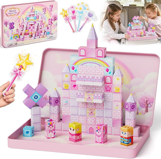 burgkidz Girls Travel Magnetic Blocks: 100pcs Unicorn Toys with Cones Wands | N32 Magnets Hold 15+ on Bumpy Roads, 60-Second Cleanup, 2-Kid Group Play, Essential for Car & Airplane, Ages 3-8