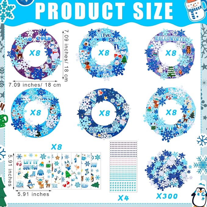 Hollowfly 48 Sets Winter Snowflake Wreath Craft Kits | Snowman, Penguin, Elk, Sweater and Snowflake Stickers, 7.09 in Paper Wreaths, for Winter and Christmas Group Activities