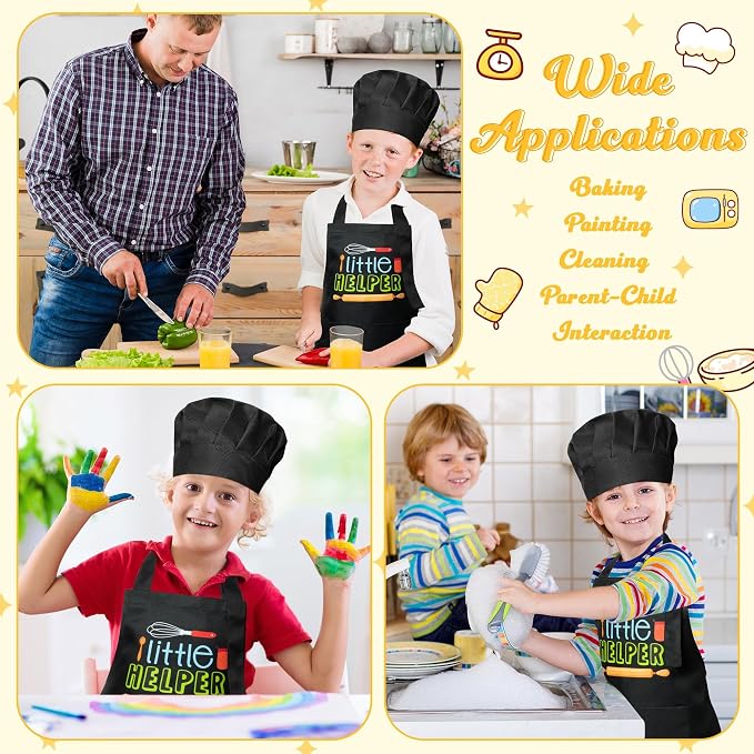 R HORSE 2 Pieces Kid Apron and Chef Hat Set, Dress up Role Play Chef Toy | Black Little Helper Adjustable Kid Kitchen Apron with Pockets, Ideal for Cooking, Baking, Painting, Cooking Birthday Gift