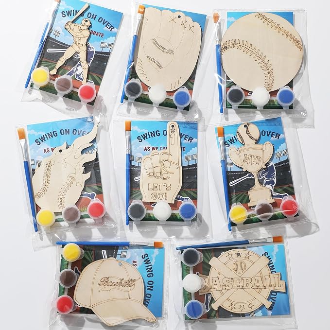 Saypacck 24 Pcs Baseball Party Favors Wooden Paint Craft Kits | Baseball Themed Craft Kit for Kids Birthday Party, Goodie Bags Fillers, Thank You Gifts, Paints Brushes Included