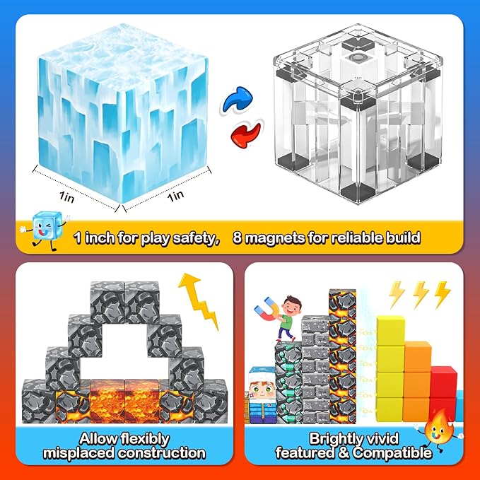 110PCS Large Magnetic Blocks Ice Fire World Magnet Building Toys for Kids | Magnet Building Cubes, STEM Sensory Toys, Christmas Easter Gifts for Boys & Girls, Outdoor Kids Toys for Age 3+