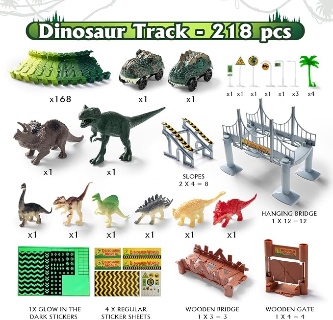 268 PCS Race Tracks Dinosaur Toys for Kids 3-5, Flexible DIY Track Set | Glow in The Dark Magic Toy Set, 2 Dinosaur Cars Track, Birthday Gift for Age 3-9 Boys Toddler Girls