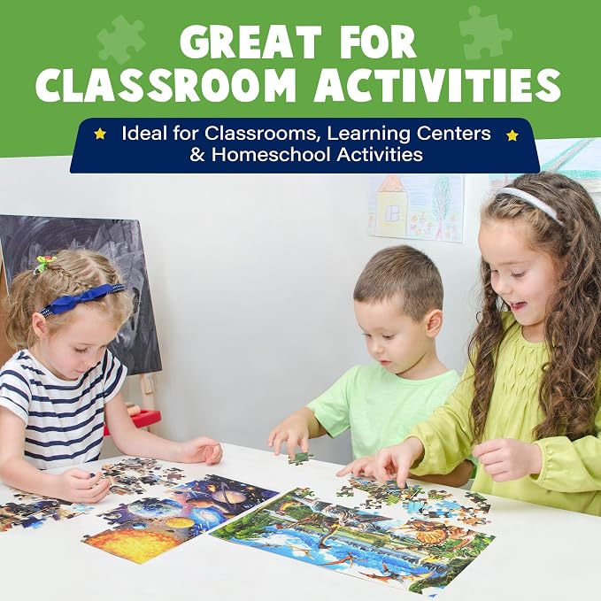 BenBen 3 Pack 100 Piece Puzzles for Kids Ages 4-6 6-8, Dinosaur Space Ocean | Large Pieces Jigsaw Puzzles for Toddlers 3-5, Screen-free Activity Learning & Educational Toys for Kids 8-10, 19.75” x 13.75”