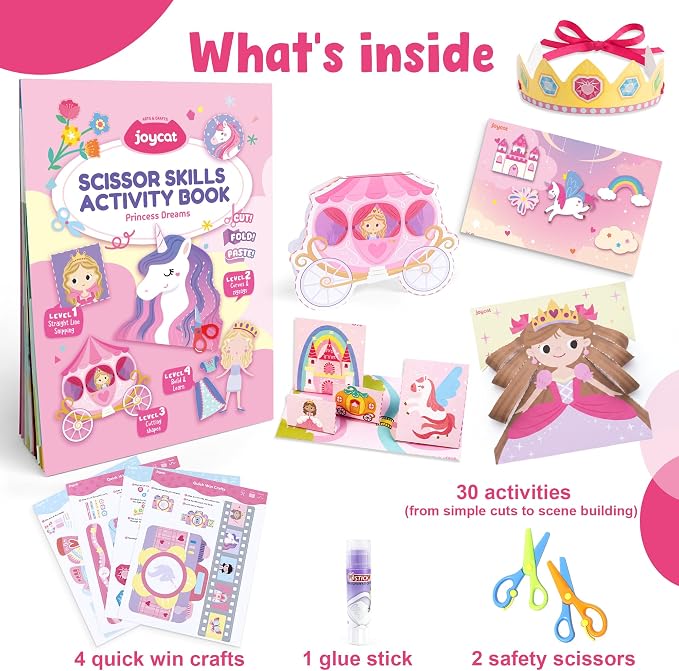 JoyCat Scissor Skills Activity Kit, Toddler Scissors Ages 3-5, Princess | Preschool workbook with 34 princess activities, scissors for kids and glue for creative toddler arts and crafts.