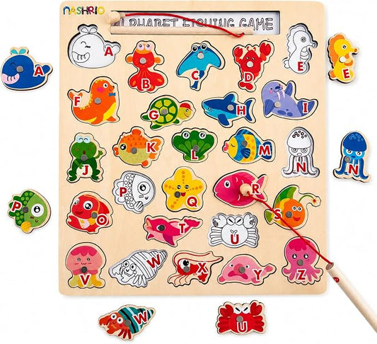 NASHRIO Magnetic Wooden Alphabet Fishing Game for Kids Ages 3-5, ABC Letter Puzzle Board with 26 Sea Animal Pieces, Preschool Learning Fine Motor Toy for Boys Girls 3 4 5