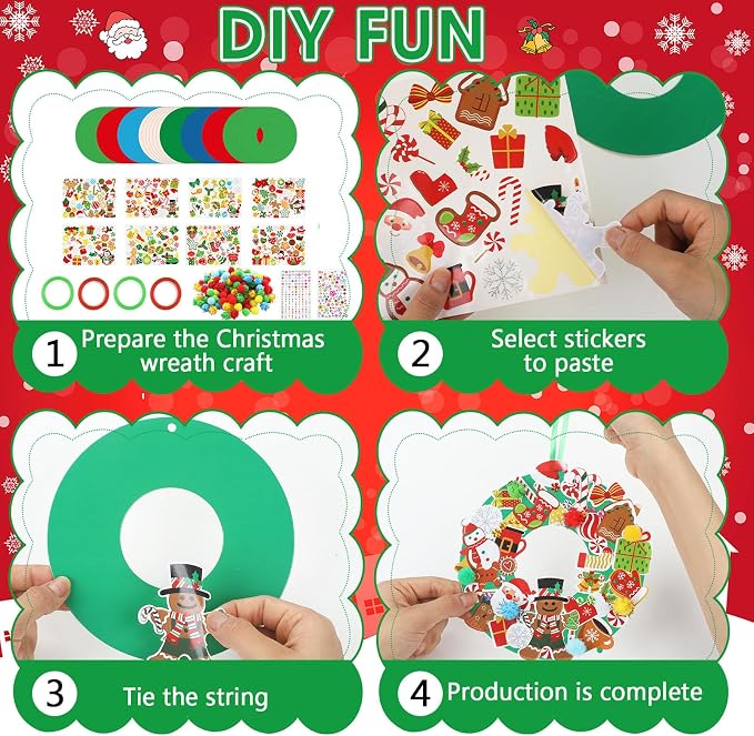 Hollowfly 48 Sets Christmas Wreath Craft Kits with Stickers | 8 Santa, Elk and Penguin Designs, 7.09 in Paper Hanging Ornaments for Christmas Parties and Classroom Activities