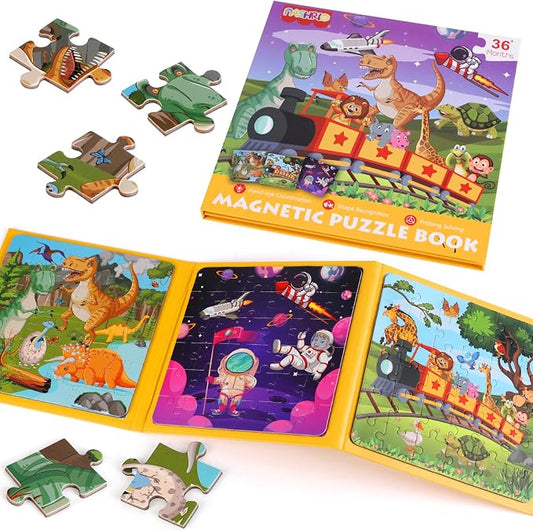 Magnetic Jigsaw Puzzles for Kids Ages 4-6, 36-Piece Preschooler Travel Toys Animals and Space Puzzles Ages 3-5, Educational Learning Magnets, Ideal Road Trip Activities Toys for 3 4 5 6 Boys and Girls