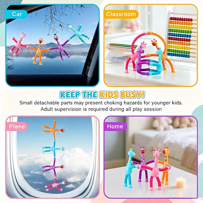 XONTEUS 4 Pcs Pop Tubes Giraffe Travel Airplane Road Trip Car Activities Essential, Telescopic Suction Cup Sensory Fidget Toys,Screen-Free Activity for Toddler 3+ and Kids, Stocking Stuffers for Kids