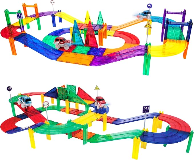 PicassoTiles 50 Piece Race Car Track, Magnetic Tiles STEM Set with LED Cars | 16 pillars, 4 ramps build multi-layer elevation, BPA-free non-toxic materials, sparks STEAM creativity, expands collection