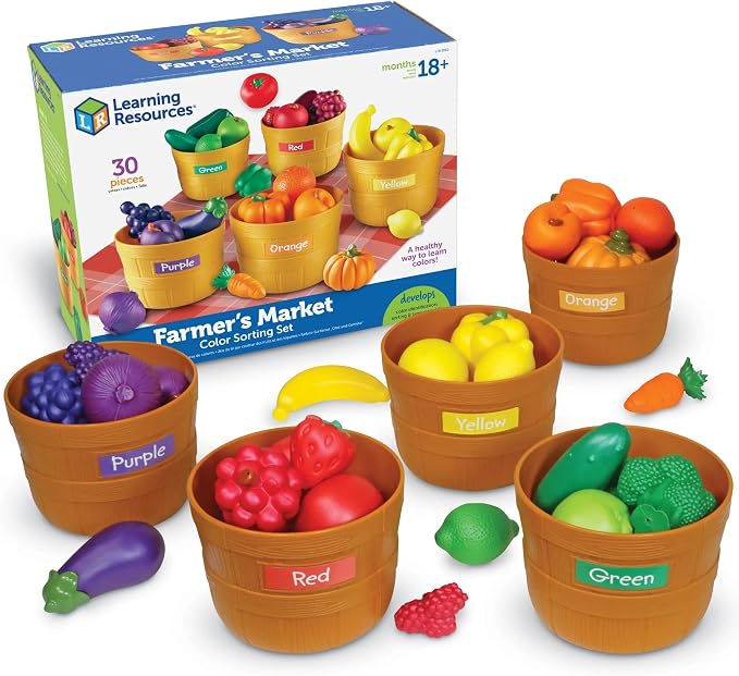 Learning Resources Farmer's Market Color Sorting Set | Pretend Play Food Sets for Kids Kitchen, Color Sorting Toys, Plastic Fruit and Vegetable Toy for Kids Kitchen Set
