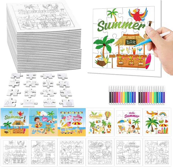 Fennoral 24 Pack DIY Coloring Summer Jigsaw Puzzle Craft Kit for Kids | Make Your Own Jigsaw Puzzle with Base Design, 4.7 Inch Bulk Craft Supplies for Classroom, Luau Party & Birthday Gifts