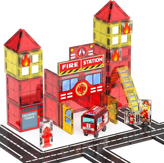 SKTMYY Fire Station Magnetic Tiles Building Toys for Kids Ages 4-8 | Fire Truck, Firemen, Firefighter, Road Magnet Tiles, STEM Magnetic Blocks, 3+ Year Old Boys Gifts, Montessori Preschool