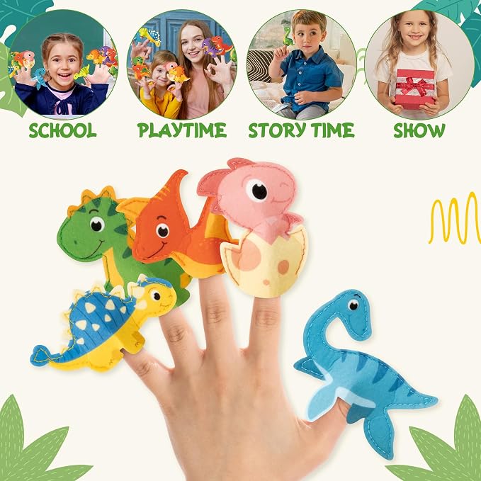 COcnny Dinosaur Finger Puppets Craft- 11pcs Dinosaur Felt Finger Puppet with Jungle Bag Set Making Crafts Kit for Kids, Make Your Own Story Telling Toys, Role Play for Boys Girls Toddles Ages 3-8