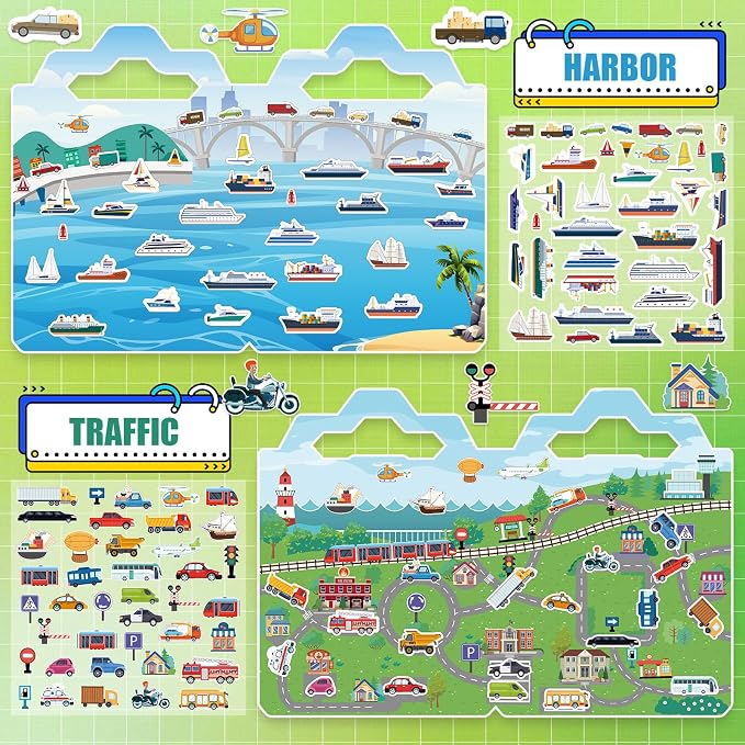 6 Pack Reusable Puffy Sticker Books, 250Pcs Kids Activity Stickers Ages 3+ | Travel Sticker Book Dinosaur/Space/Traffic/Robot/Harbor/Construction for Boys Girls