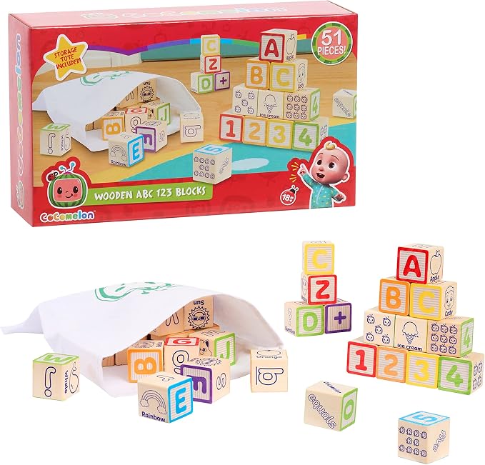 CoComelon 51-piece Classic ABC Wooden Block Set, Preschool Building Toys, Learning and Education, Kids Toys for Ages 18 Month, Amazon Exclusive by Just Play