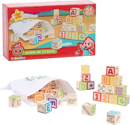 CoComelon 51-piece Classic ABC Wooden Block Set, Preschool Building Toys, Learning and Education, Kids Toys for Ages 18 Month, Amazon Exclusive by Just Play