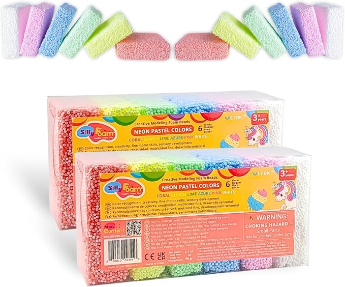 Silly Foam, Creative Modeling Foam Beads, 2-Pack of 6 Neon Pastel Colors, Perfect for Preschool and Kids, Arts & Crafts, Sensory Play, STEM, Travel Toy, Easter Basket Stuffers, Non-Toxic (Age 3+)