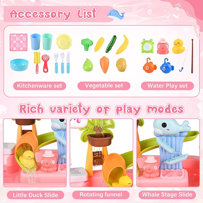 Upgraded 4-in-1 Sand Water Table for Toddlers 1-3, Kids Sensory Table with Electric Water Pump & Cloud Faucet, Play Kitchen Sink with Food Accessories, Fishing Toy ‒ Adjustable Height (Pink)