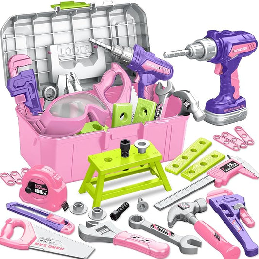 Kids Tool Set, Toddler Tool Box, Toy Drill, Construction Toys for Ages 3-5 | 46 Pcs Kids Toy Tools Kits for Toddlers Pretend Role Play, Christmas Birthday Gifts for Boys Girls Ages 3 4 5 6 7 8, Pink