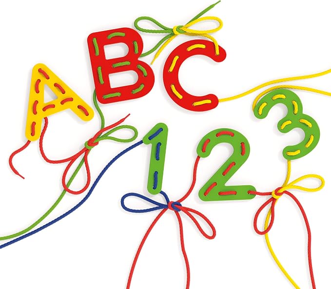 Quercetti: Play Montessori: ABC & 123 - Lacing - 53pc Craft Toy Set, Laces, Letters, Numbers, Coloring Book, Develops Fine Motor Skills, Kids Ages 3+