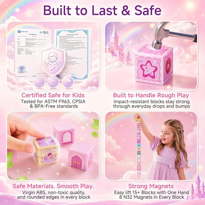 burgkidz Girls Travel Magnetic Blocks: 100pcs Unicorn Toys with Cones Wands | N32 Magnets Hold 15+ on Bumpy Roads, 60-Second Cleanup, 2-Kid Group Play, Essential for Car & Airplane, Ages 3-8
