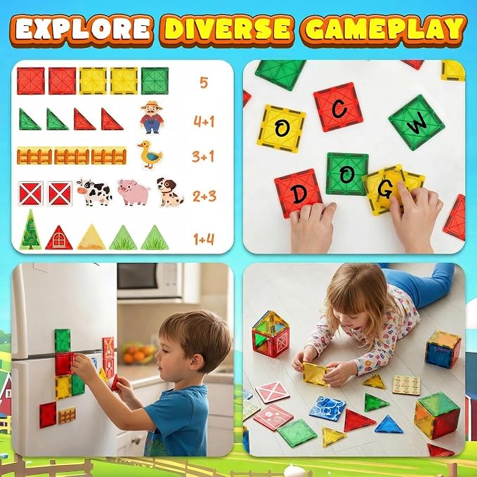 3 Otters 42PCS Magnetic Tiles Set, Building Blocks with Farm Animals | Magnet Toys for Kids, Preschool Learning, Spatial Awareness, Shape Recognition, Classroom Must Haves, Birthday Gifts