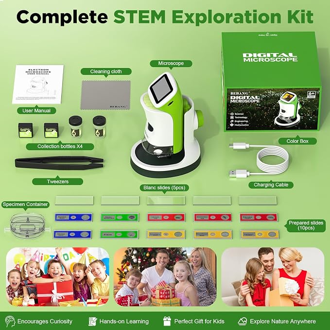 Kids Handheld Digital Microscope with Screen: STEM Science Kit Gift Toys | Rechargable | Bug Viewer | Slides Kit | Photo & Video | 4K Screen | Indoor & Outdoor Exploration for Boys Girls Ages 6-12