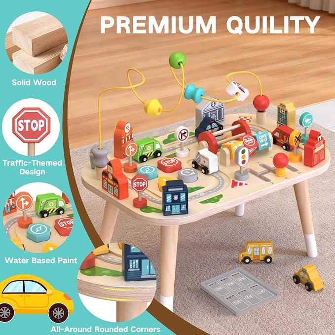 Weilim Montessori Wooden Activity Table for Toddler 1-3, Learning Toys | 9-in-1 Baby Activity Center: Bead Maze, Shape Sorter, Cars, Gears & Traffic Signs. Sensory Birthday Gift for Boys & Girls
