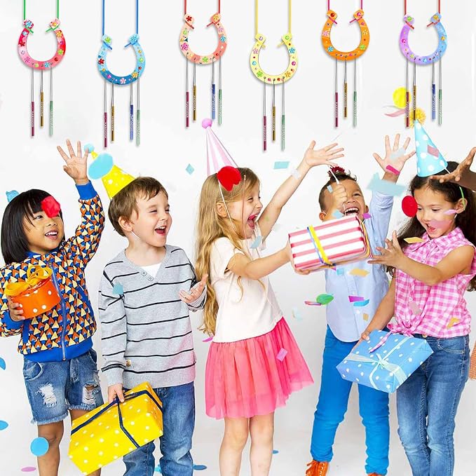 Fennoral 16 Pack Horseshoe Wind Chime Kit for Kids | Make Your Own Wooden Arts and Crafts Ornaments DIY Coloring Horseshoes Craft for Art Activity Birthday Supplies